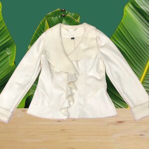 White House Black Market Ruffle Jacket Ivory Faux Fur Faux Suede Coat Sz M NWOT